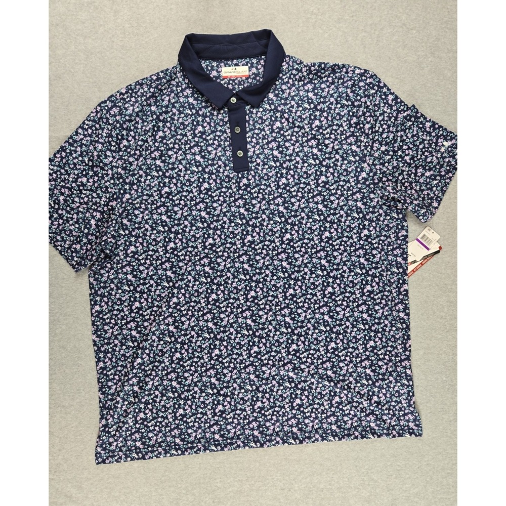 Grand Slam Polo Shirt Mens Size XXL Performance Golf Stretch Blue Floral Print